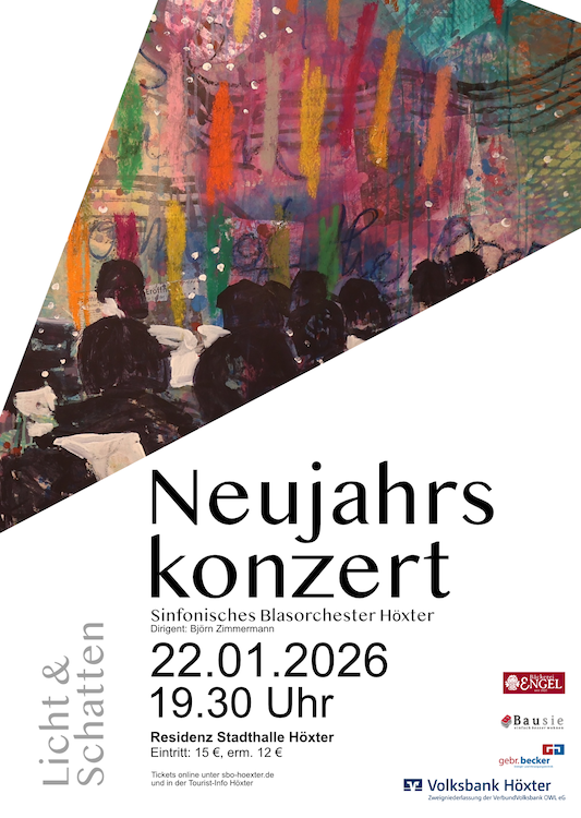 Poster des Neujahrskonzerts: Sinfonisches Blasorchester Höxter, Dirigent Björn Zimmermann, Datum 22.01.2026, 19:30 Uhr, Residenz Stadthalle Höxter. Eintritt 15 €, erm. 12 €. Tickets unter sbo-hoexter.de.